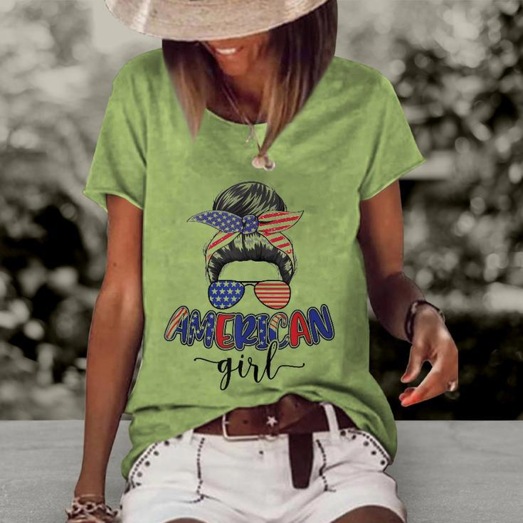 American Girl Messy Bun 4Th Of July Mom Usa Women Women's Short Sleeve Loose T-shirt