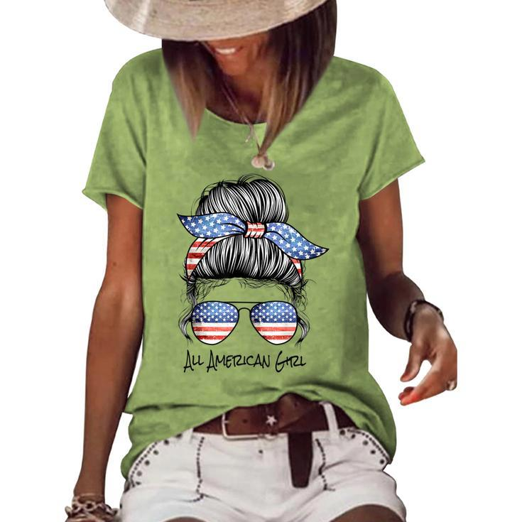 All American Girl Messy Bun American Flag 4Th Of July Women's Loose T-shirt