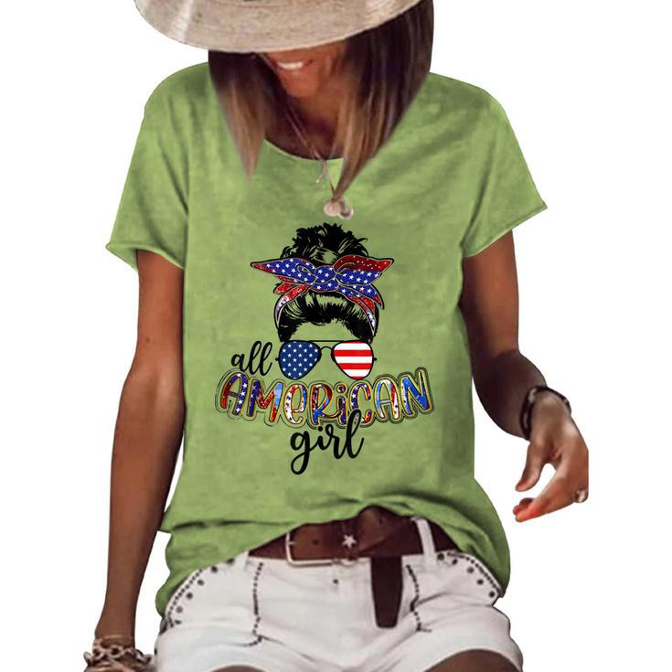 All American Girl Messy Bun Usa Flag Patriotic 4Th Of July Women's Loose T-shirt