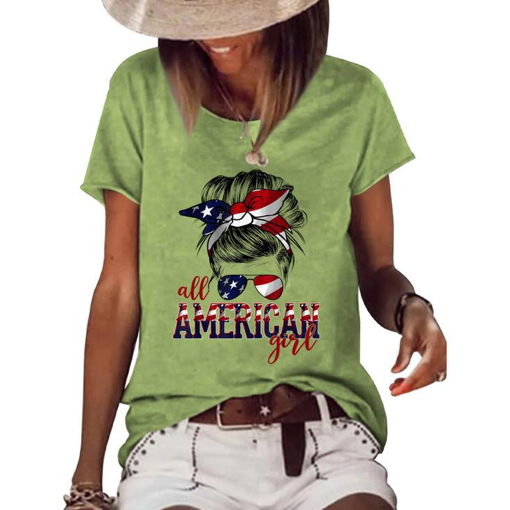 All American Girl Messy Hair Bun Woman Patriotic 4Th Of July Women's Loose T-shirt