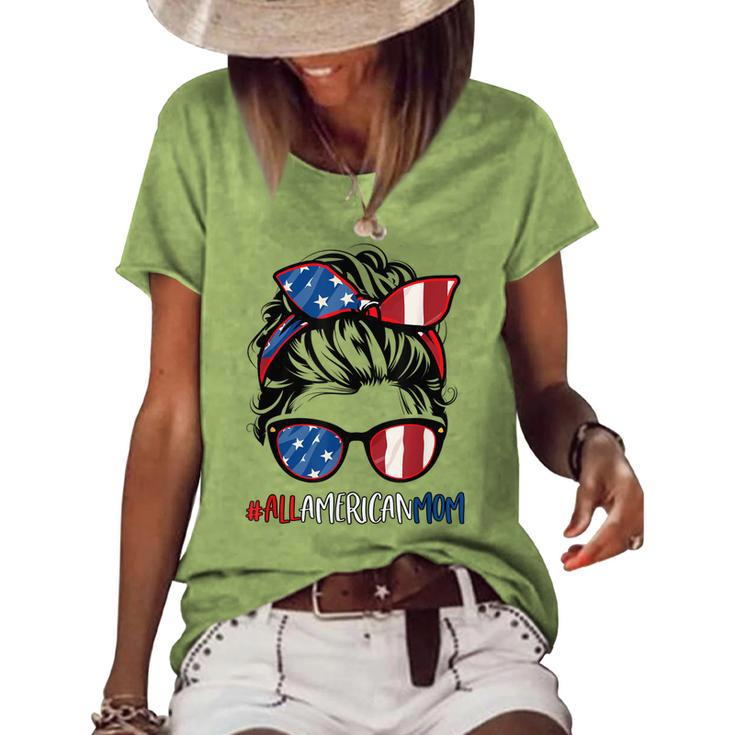 All American Mom 4Th Of July Women Messy Bun Usa Flag Women's Loose T-shirt