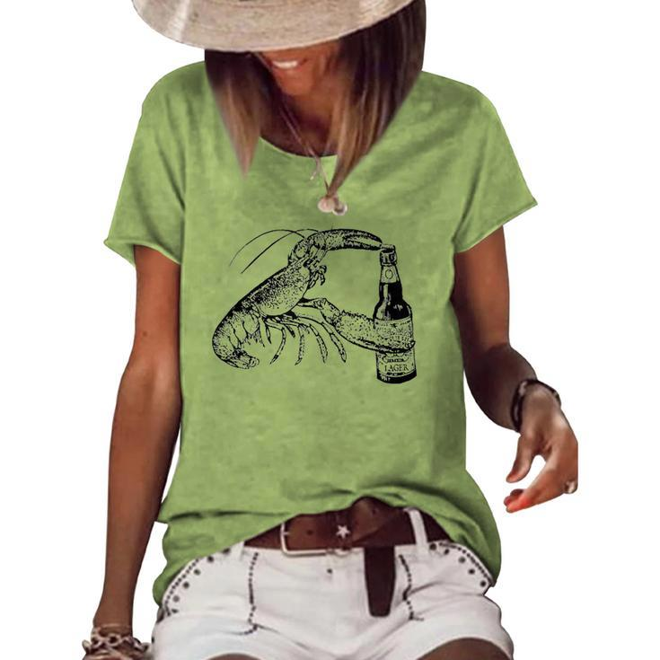 Beer Drinking Lobster Funny Craft Beer Gift  Women's Short Sleeve Loose T-shirt
