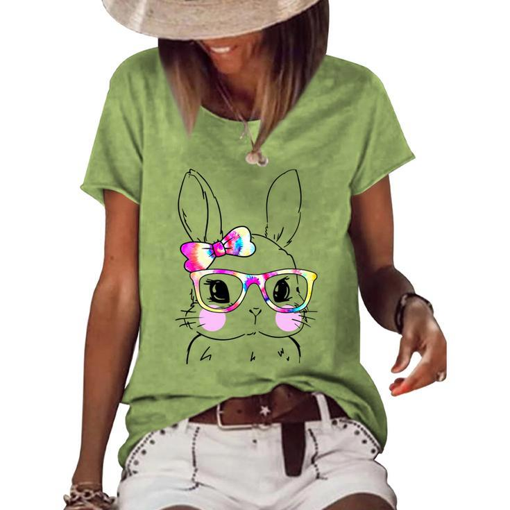 Cute Bunny Rabbit Face Tie Dye Glasses Girl Happy Easter Day Women's Short Sleeve Loose T-shirt