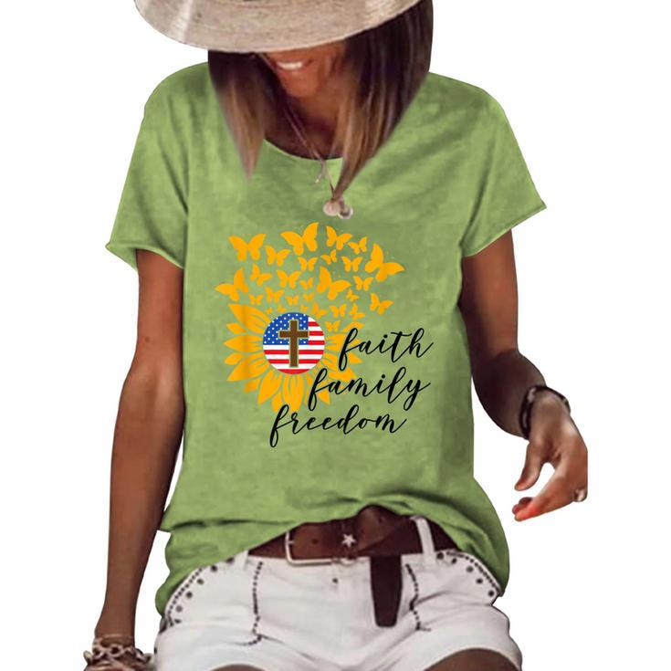 Faith Family Freedom Christian Patriot Sunflower 4Th Of July Women's Loose T-shirt