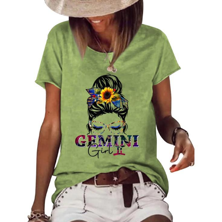 Gemini Girl Birthday Messy Bun Hair Sunflower Women's Loose T-shirt