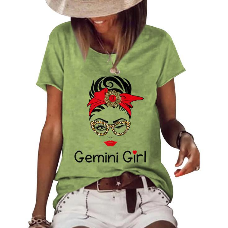 Gemini Girl Leopard Sunflower Zodiac Birthday Girl Women's Loose T-shirt
