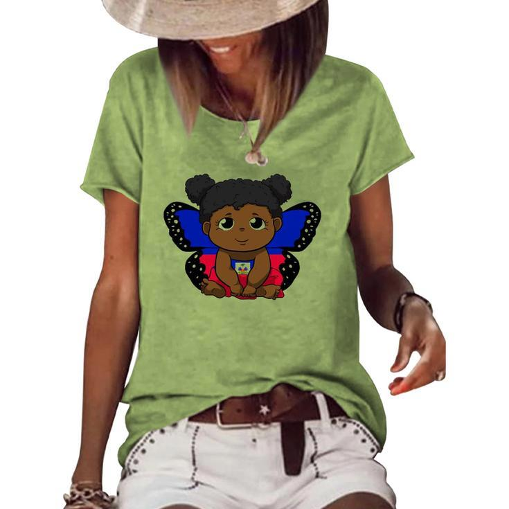 Haiti Haitian Love Flag Princess Girl Kid Wings Butterfly Women's Short Sleeve Loose T-shirt