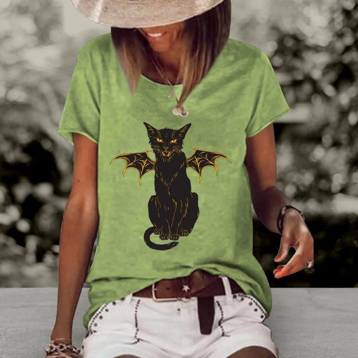 Halloween Black Cat With Wings Men Women Boy Girl Kids Gift Women's Short Sleeve Loose T-shirt