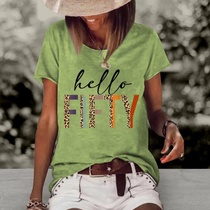 Hello Fifty Women 50Th Birthday Outfit Leopard Women's Loose T-shirt