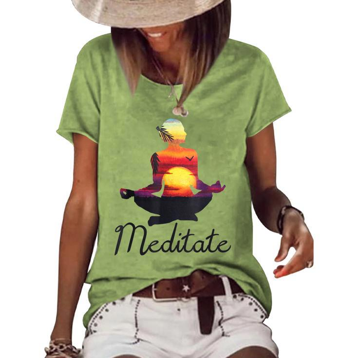 I Meditate T Yoga Pose Tropical Sunrise Meditation V2 Women's Loose T-shirt
