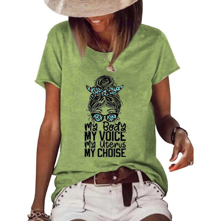 My Body My Uterus Feminist Women Rights Messy Bun Leopard Women's Short Sleeve Loose T-shirt