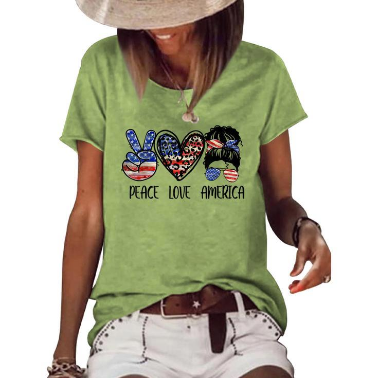 Peace Love America Messy Bun American Flag 4Th Of July Women's Loose T-shirt