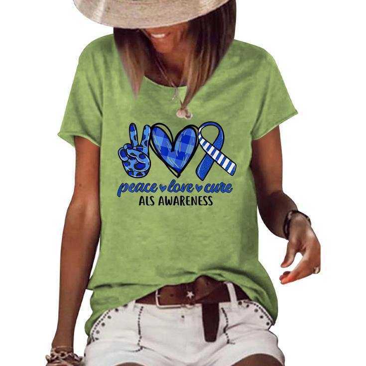 Peace Love Cure Blue & White Ribbon Als Awareness Month V2 Women's Loose T-shirt