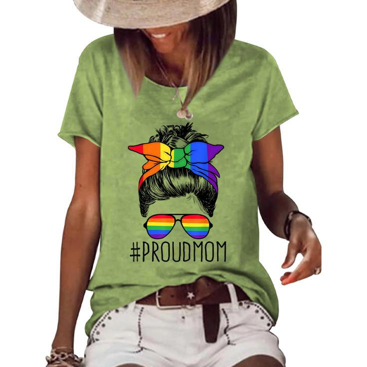 Proud Mom Messy Hair Bun Lgbtq Rainbow Flag Lgbt Pride Ally V3 Women's Loose T-shirt