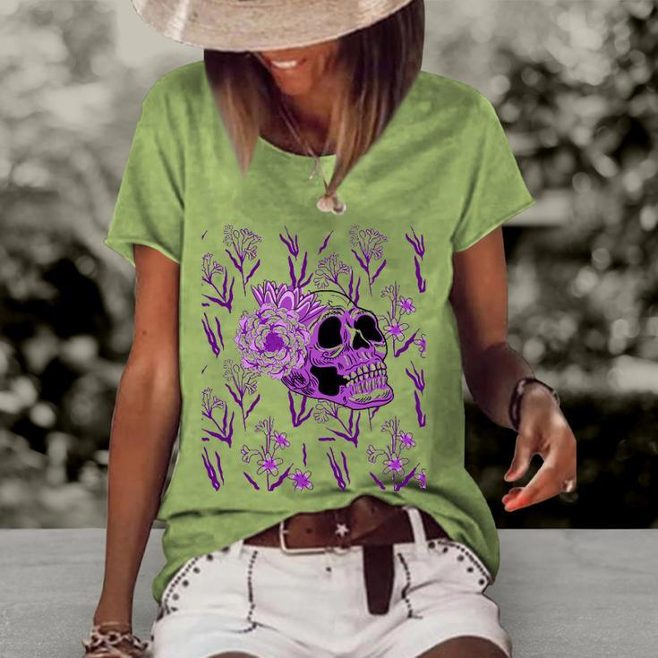 Purple Skull Flower Cool Floral Scary Halloween Gothic Theme Women's Short Sleeve Loose T-shirt