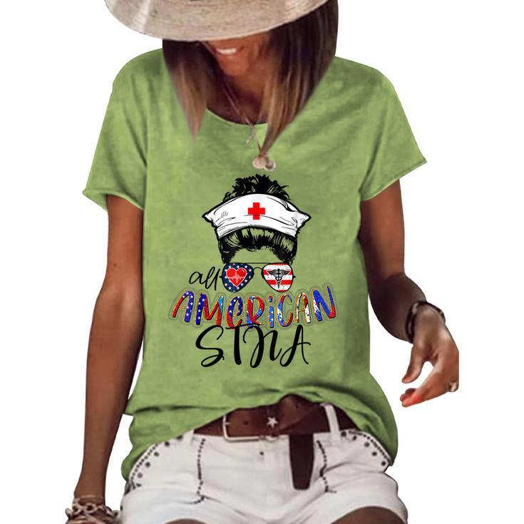Stna All American Nurse Messy Buns Hair 4Th Of July Day Usa Women's Loose T-shirt