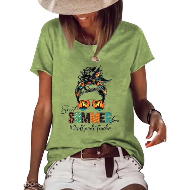 Sweet Summer Time 2Nd Grade Teacher Messy Bun Beach Vibes Women's Short Sleeve Loose T-shirt