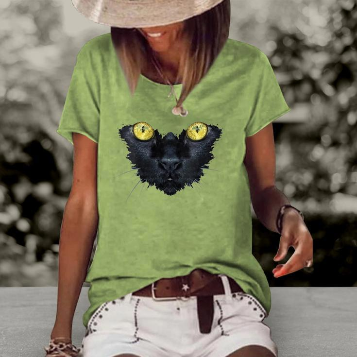 Womens Black Cat Yellow Eyes Kitty Kitten Cat Face  Women's Short Sleeve Loose T-shirt