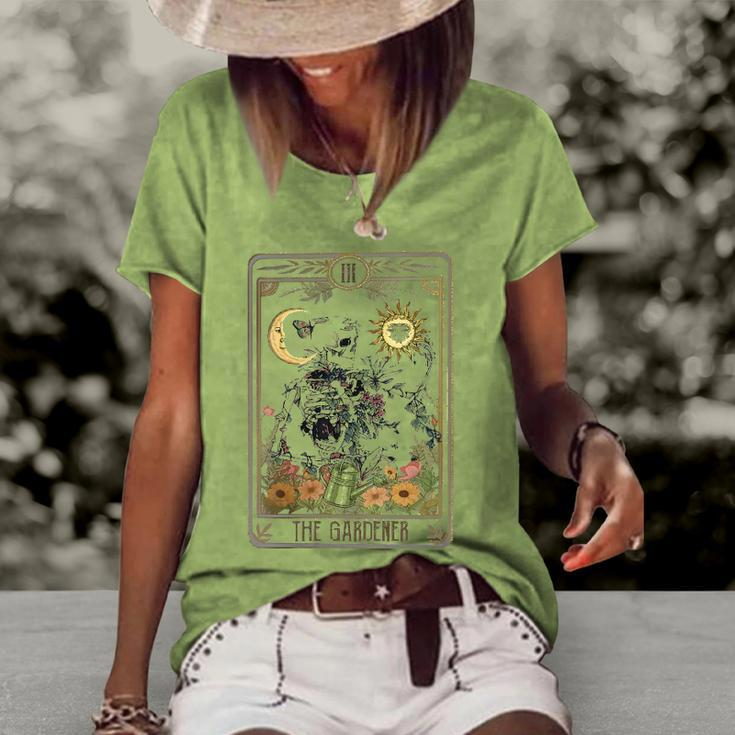 Womens Floral Skeleton Gardening Tarot The Gardener Plant Lovers Women's Short Sleeve Loose T-shirt