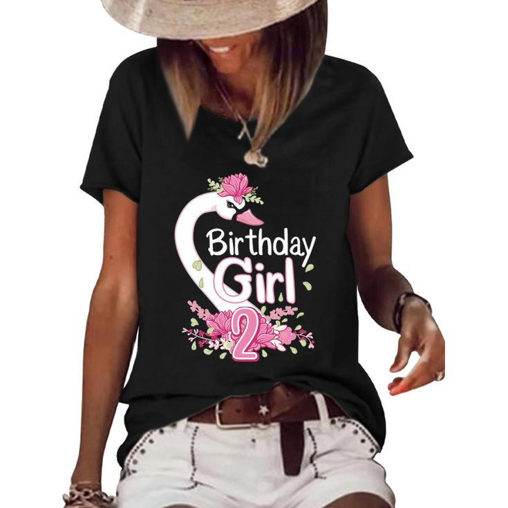 2Nd Birthday Wildlife Swan Animal 2 Years Old Birthday Girl Women's Short Sleeve Loose T-shirt