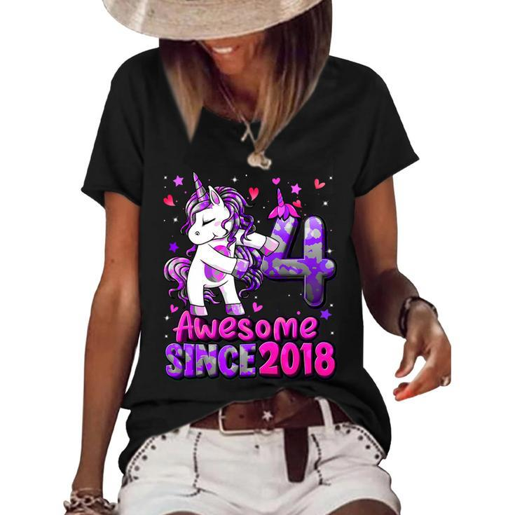 4 Years Old Unicorn Flossing 4Th Birthday Girl Unicorn Party T-Shirt Women's Short Sleeve Loose T-shirt
