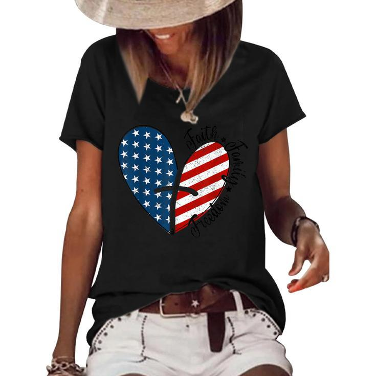 4Th Of July Faith Family Freedom American Flag Patriotic  Women's Short Sleeve Loose T-shirt