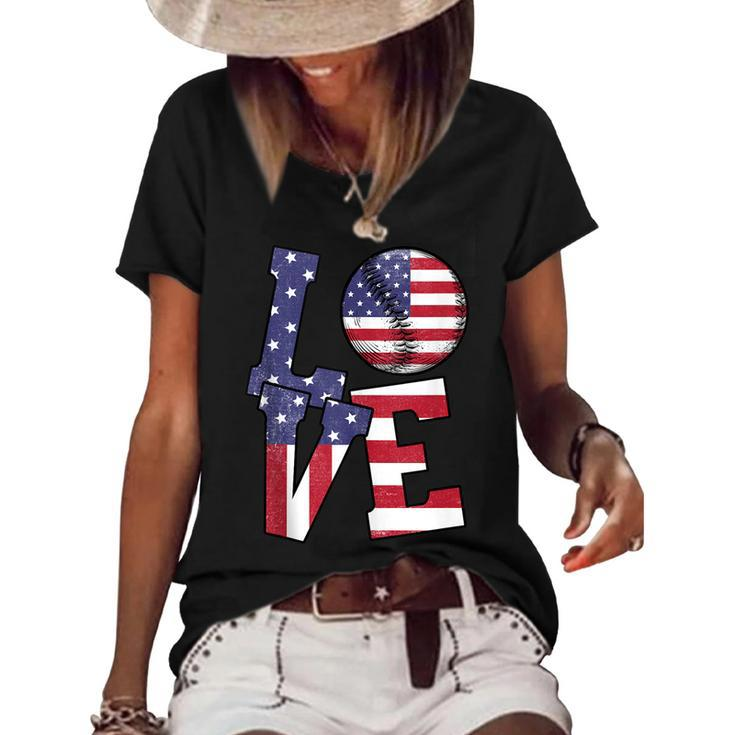 4Th Of July Love Baseball Patriotic Usa Flag For Dad Mom  Women's Short Sleeve Loose T-shirt
