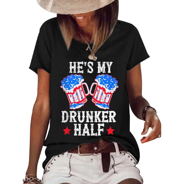 4Th Of July Matching Couple  Hes Is My Drunker Half  Women's Short Sleeve Loose T-shirt