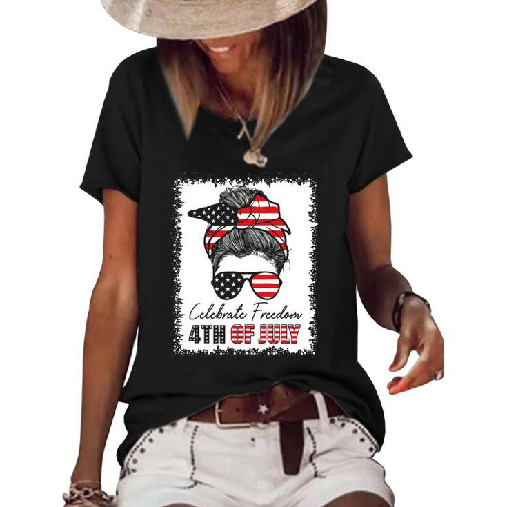 4Th Of July Women Celebrate Freedom Messy Bun American Flag Women's Short Sleeve Loose T-shirt