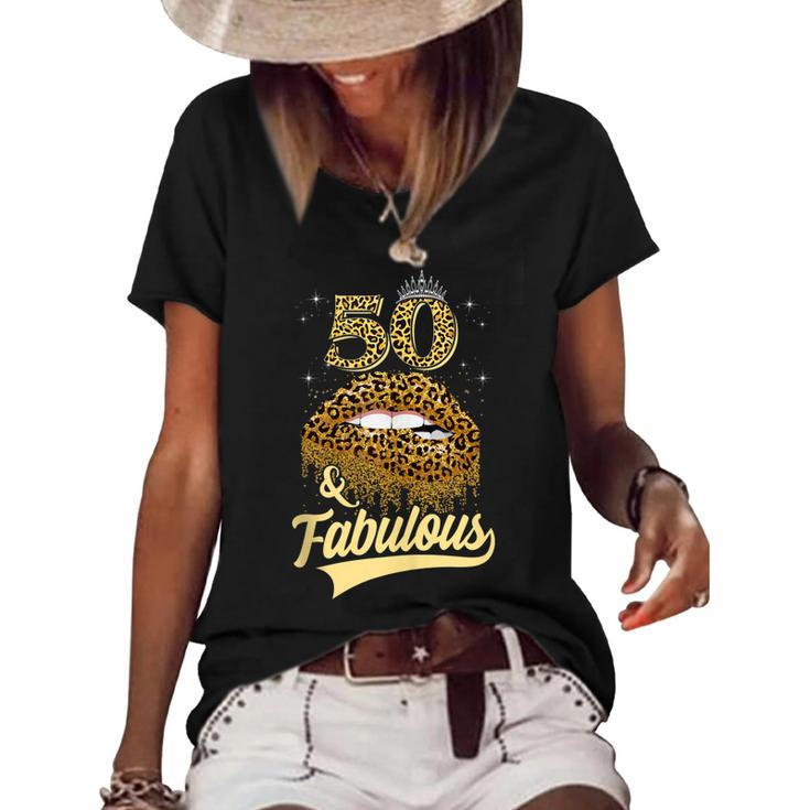 50 And Fabulous Queen Happy Birthday 50Th Leopard Sexy Lips  Women's Short Sleeve Loose T-shirt