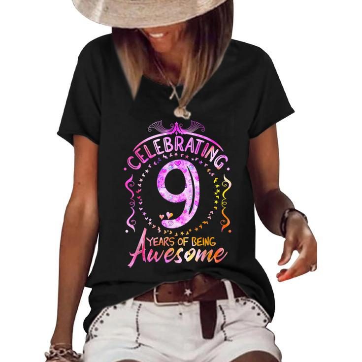9 Years Of Being Awesome  9 Year Old Birthday Kid Girl  Women's Short Sleeve Loose T-shirt