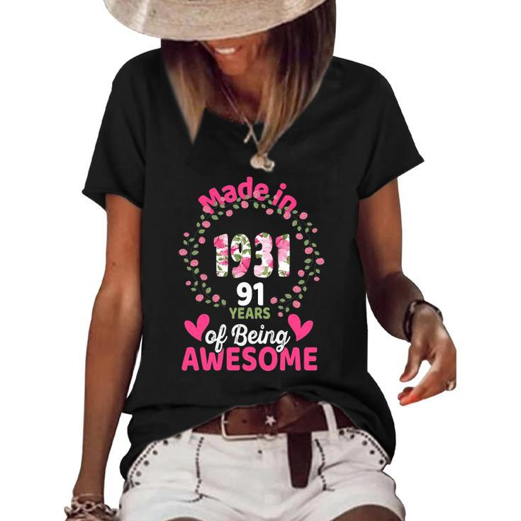 91 Years Old 91St Birthday Born In 1931 Women Girls Floral Women's Short Sleeve Loose T-shirt