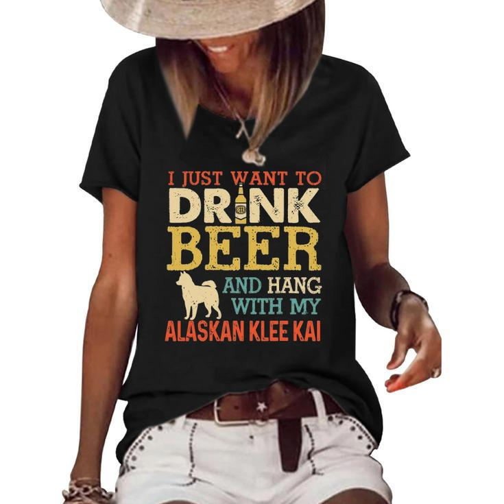 Alaskan Klee Kai Dad Drink Beer Hang With Dog Funny Vintage Women's Short Sleeve Loose T-shirt