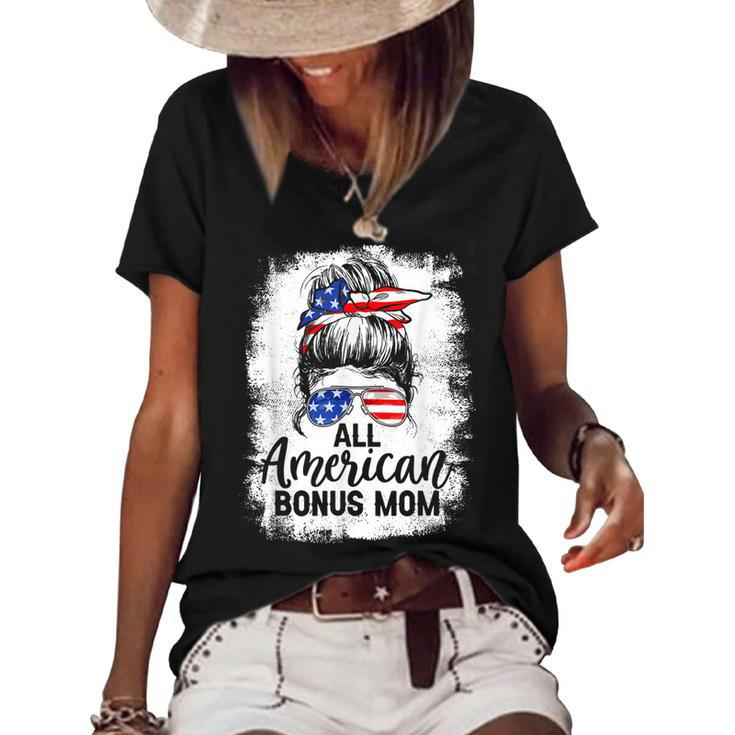 All American Bonus Mom 4Th Of July Messy Bun Proud Merica  Women's Short Sleeve Loose T-shirt
