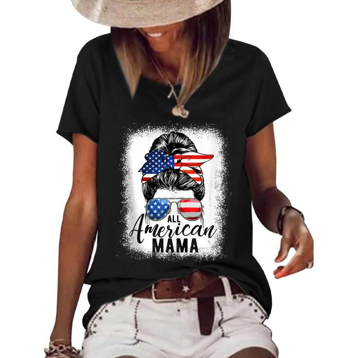 All American Mama Proud Mom Messy Bun Patriotic 4Th Of July  Women's Short Sleeve Loose T-shirt