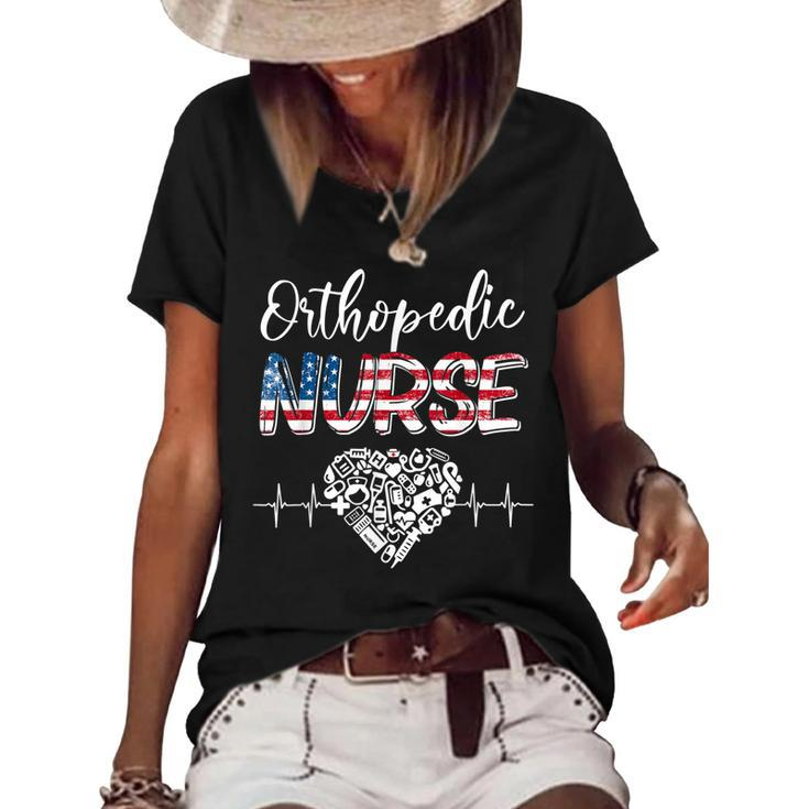 American Flag Stethoscope Orthopedic Nurse Scrub 4Th Of July  Women's Short Sleeve Loose T-shirt