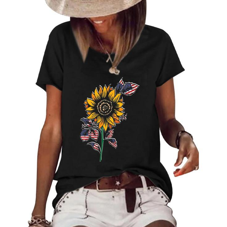 American Flag Sunflower Design Patriotic Usa Flag Sunflower Women's Short Sleeve Loose T-shirt