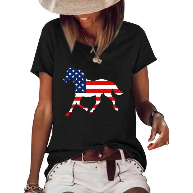 American Patriotic Horse Usa Flag July 4Th Gift Equestrian Women's Short Sleeve Loose T-shirt