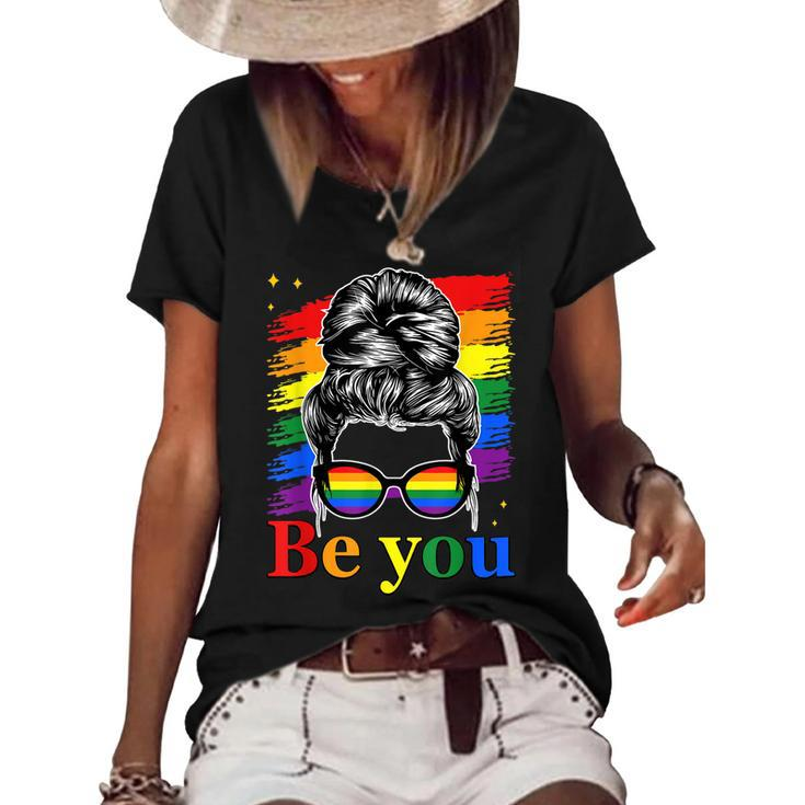 Be You Pride Lgbtq Gay Lgbt Ally Rainbow Flag Woman Face  Women's Short Sleeve Loose T-shirt