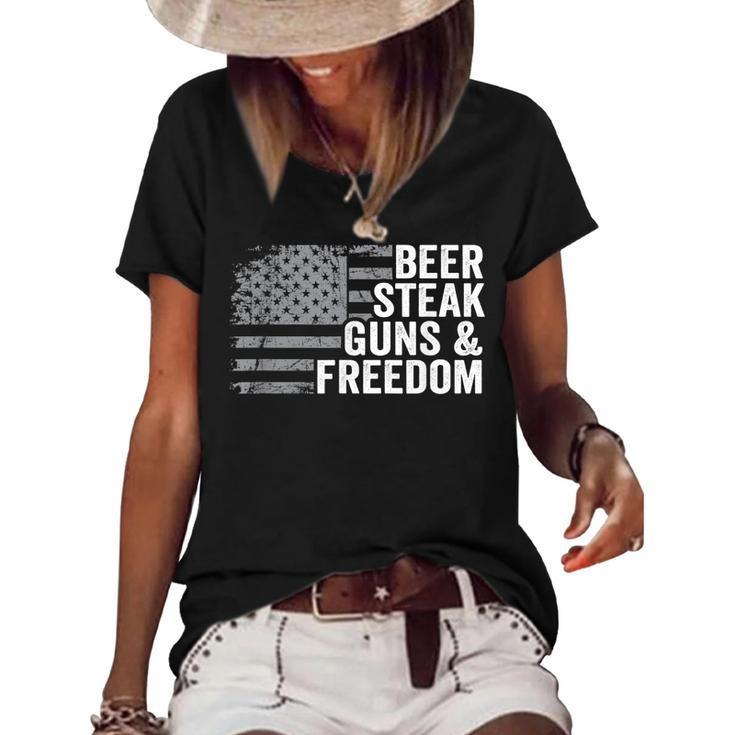 Beer Steak Guns & Freedom - 4Th July Usa Flag Drinking Bbq  Women's Short Sleeve Loose T-shirt