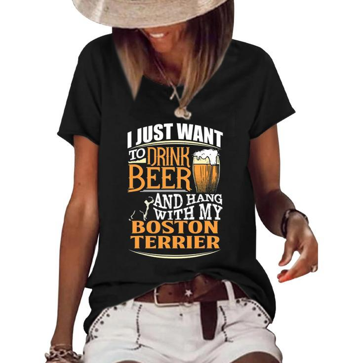 Boston Terrier Beer Just Want To Drink Beer Women's Short Sleeve Loose T-shirt
