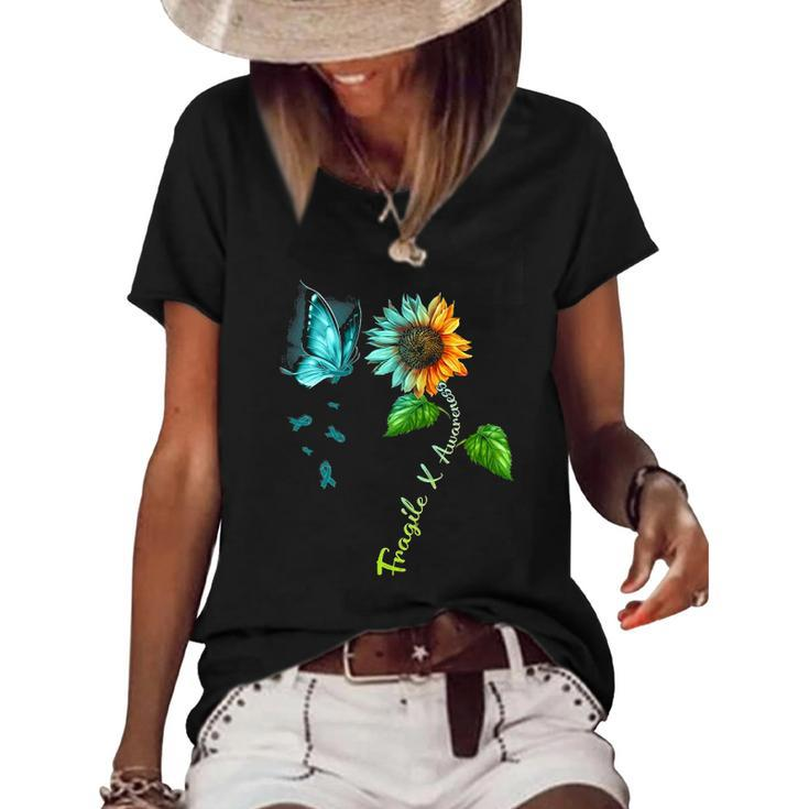 Butterfly Sunflower Fragile X Awareness Syndrome Women's Short Sleeve Loose T-shirt