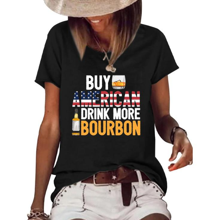 Buy American Drink More Bourbon Funny Whiskey Drinking Women's Short Sleeve Loose T-shirt