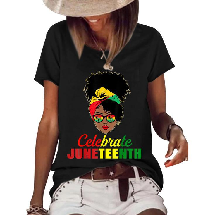 Celebrate Juneteenth Messy Bun Black Women Melanin Pride   Women's Short Sleeve Loose T-shirt