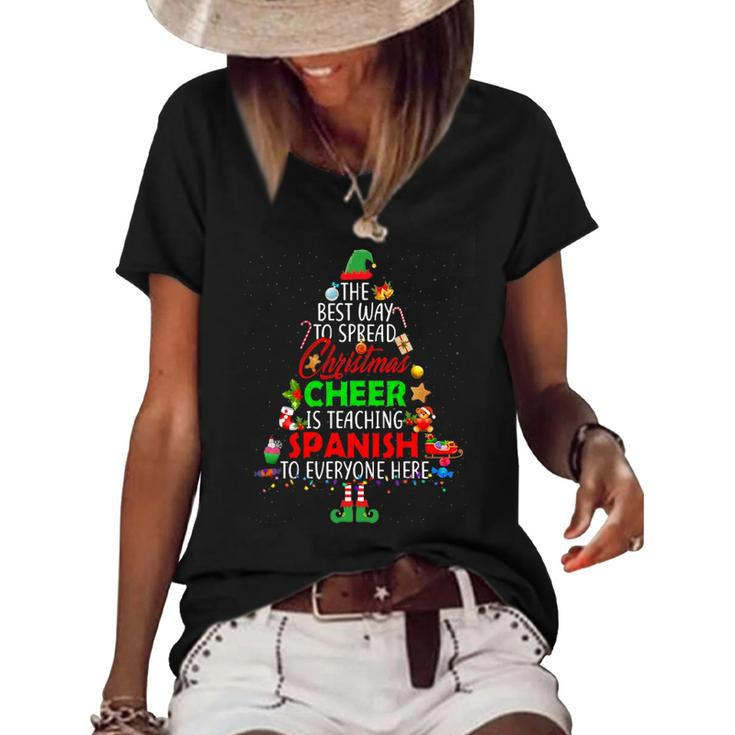 Christmas Cheer Is Teaching Spanish Santa Elf Teacher Group Women's Short Sleeve Loose T-shirt