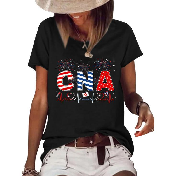 Cna 4Th Of July American Flag Patriotic Usa Stethoscope  Women's Short Sleeve Loose T-shirt