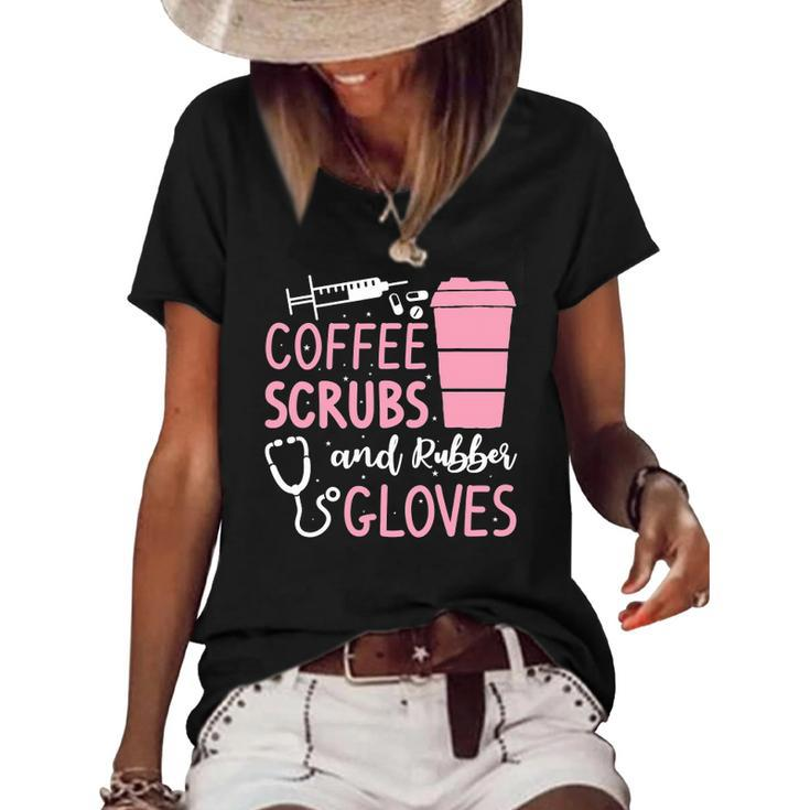 Coffee Scrubs And Rubber Gloves Medical Nurse Doctor Women's Short Sleeve Loose T-shirt