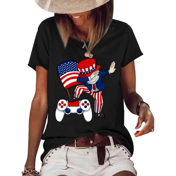 Dabbing Patriotic Gamer 4Th Of July Video-Game Controller T-Shirt Women's Short Sleeve Loose T-shirt