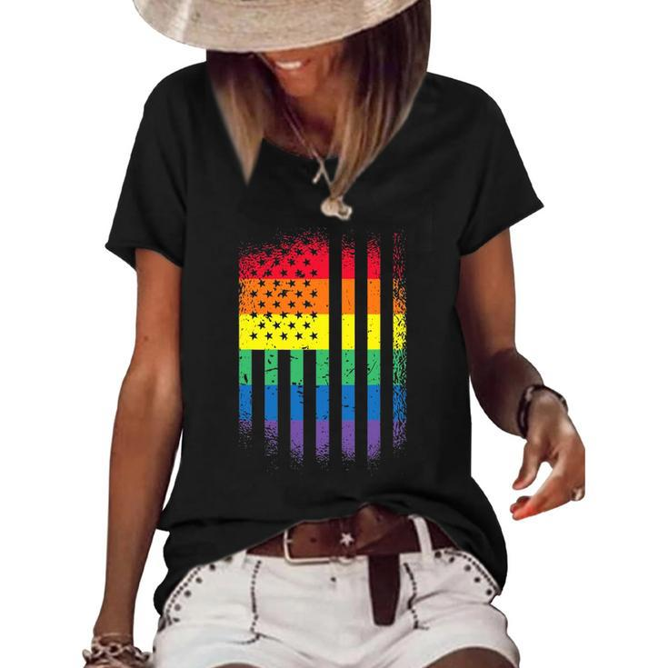 Distressed Rainbow Flag Gay Pride Rainbow Equality Women's Short Sleeve Loose T-shirt