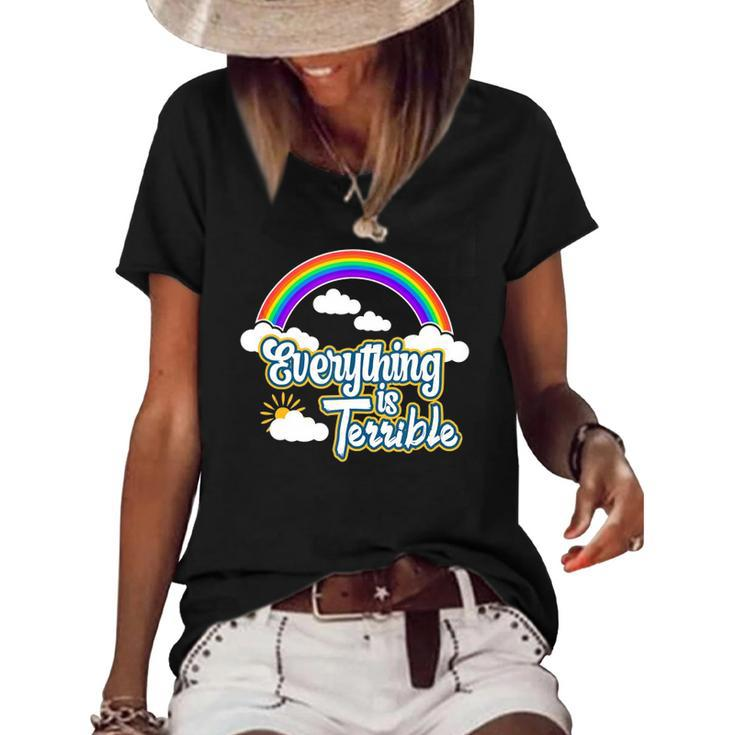 Everything Is Terrible Summer Rainbow And Clouds Design  Women's Short Sleeve Loose T-shirt